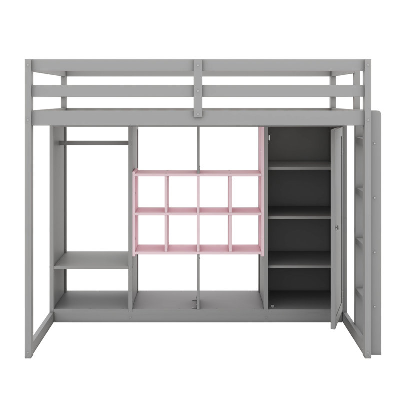 Lit mezzanine pour enfants avec garde-robe et tablettes, structure de lit mezzanine en bois avec armoire de rangement pour enfants