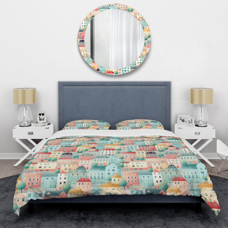 Literie de style nordique doux pastel Collage I, Housse de couette pour grand lit et 2 taies décor