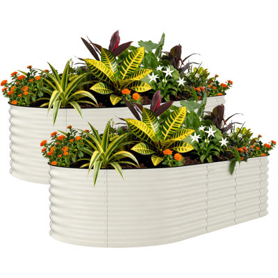 Two Pack 8x4x2 Foot Oval Metal Raised Garden Bed Kit Beige Galvanized Steel Planter Boxes With Safety Edges For Outdoor Vegetable And Flower Planting