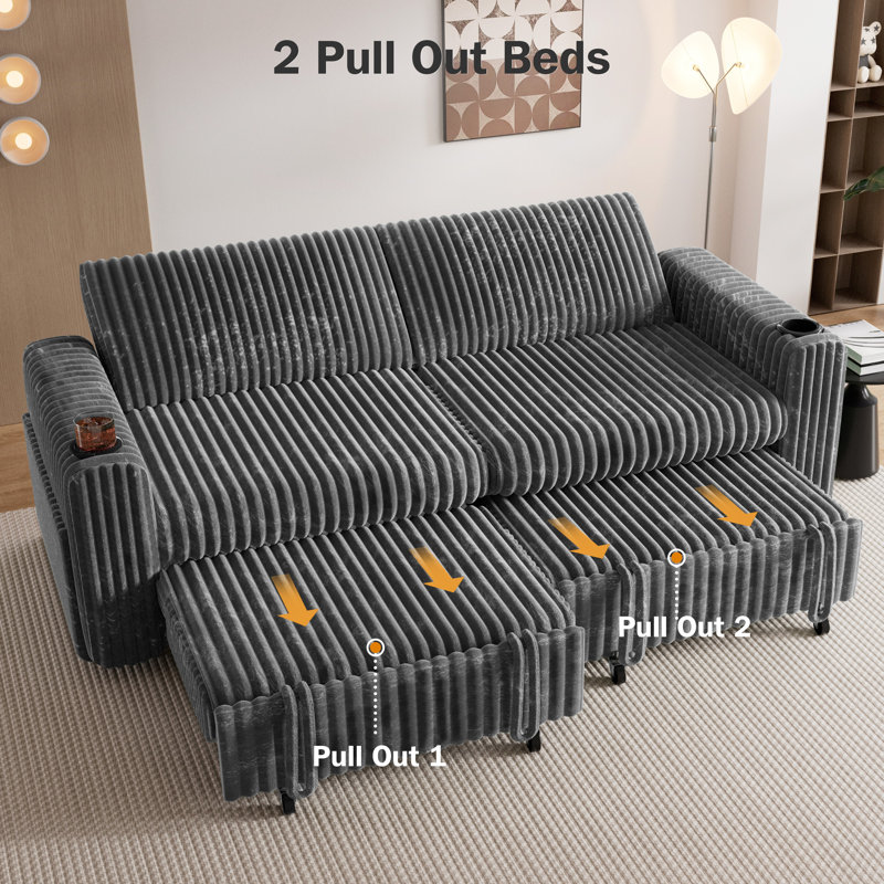 Sectional Sleeper Sofa Bed With Pull Out Bed, Oversized Loveseat Sleeper Sofa With Reclining Backrest/Two Pull Out Beds/Usb Ports/Cup Holders, Tool Free Assembly