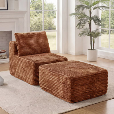 Ensemble de fauteuil modulaire en flanelle avec repose-pieds Kapellen, ensemble de 2 pantoufles et repose-pieds avec coussin, canapé sans accoudoirs «Boneless» pour chambre à coucher