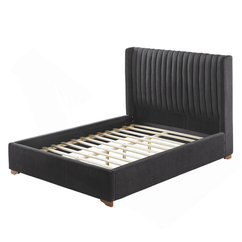 Modern Upholstered Platform Bed With Corduroy Wing Headboard, Black, Queen