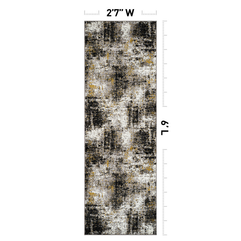 Abstract Yellow/Black/Gray Area Rug, Runner 2'7" x 6'