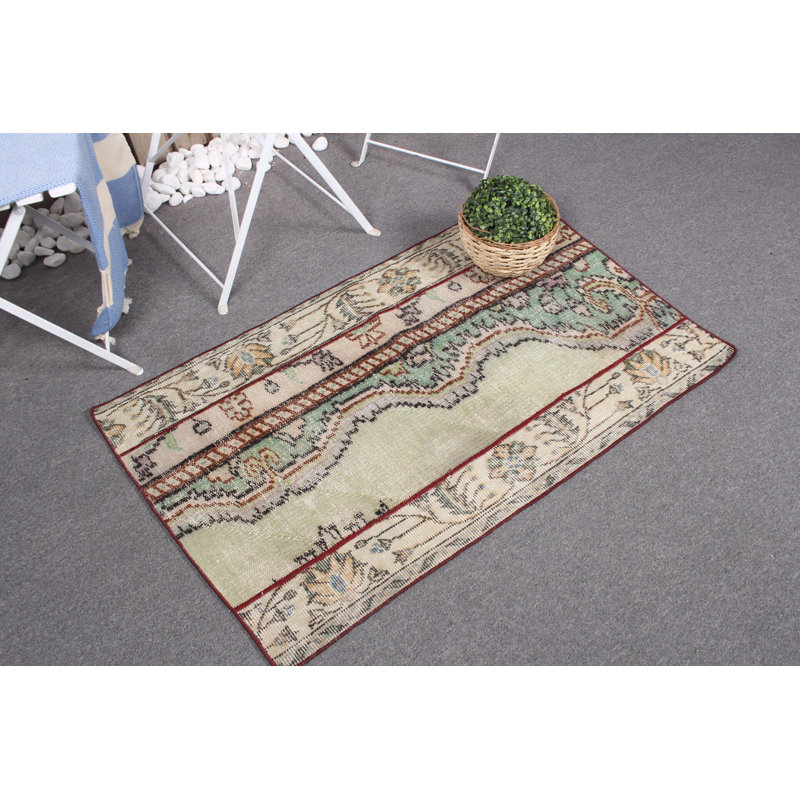 Vintage Turkish Patchwork Rug in Green - Small Wool Oushak Door Mat for Boho Decor