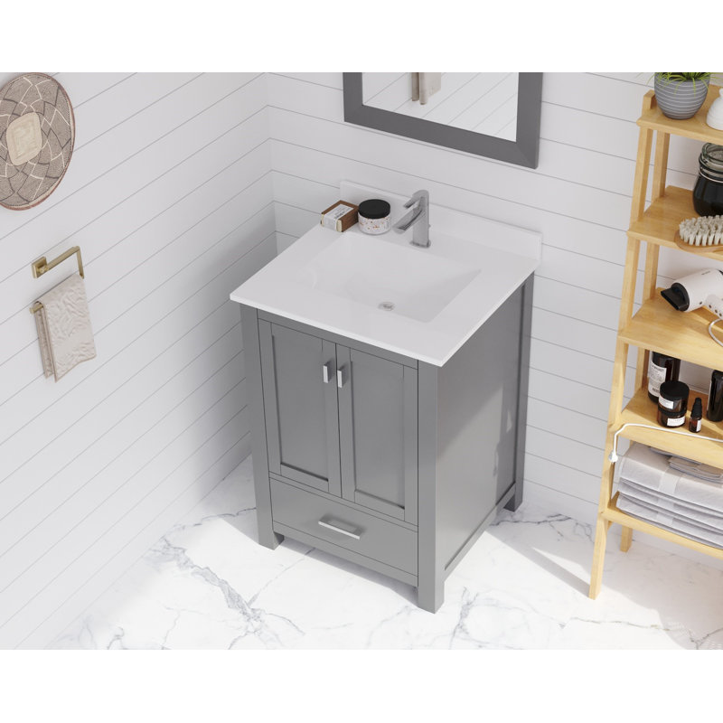 Mariário 24'' Single Bathroom Vanity with Stone Top, Gray, White Quartz