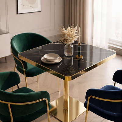 24" Faux Marble Bistro Dining Table, Modern Square Small Space Table with Stainless Steel Edge & Pedestal Base, UV Coated Tabletop for Kitchen, Cafe, Restaurant, Bar, Easy Clean