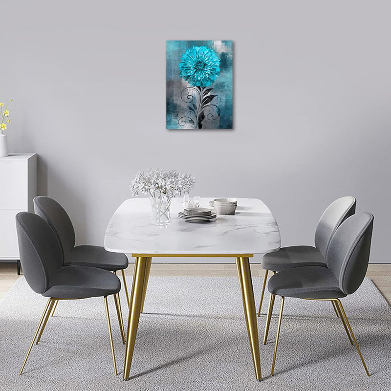 Abstract Flowers Wall Art Teal Flower Canvas Pictures Rustic Blossom Canvas Painting for Bedroom Bathroom Wall Decor Modern Teal Grey Canvas Prints Contemporary Botanical Wall Art 12" x 16"