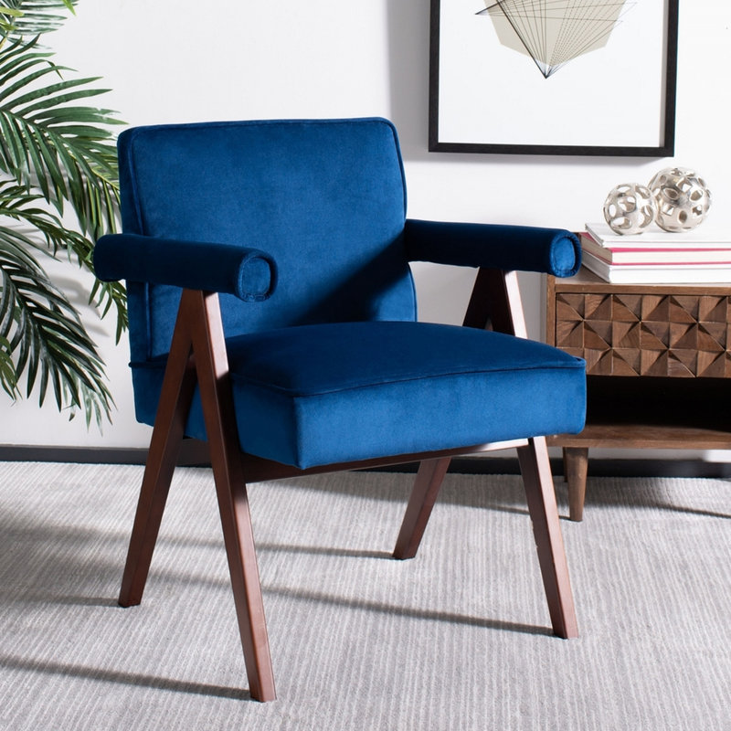 Fauteuil Towslee, Noyer, Velours bleu marine