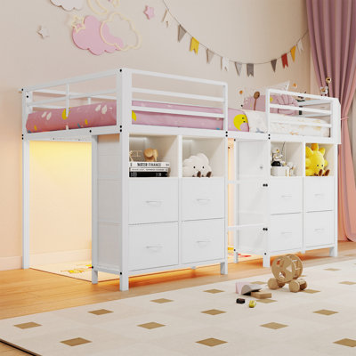 Twin Size Low Loft Bed with 8 Storage Drawers and Open Storage Shelves, Loft Bed Twin Size with LED Lights, Stairs, Metal Bed with Safety Guardrail, Under-Bed Play Space