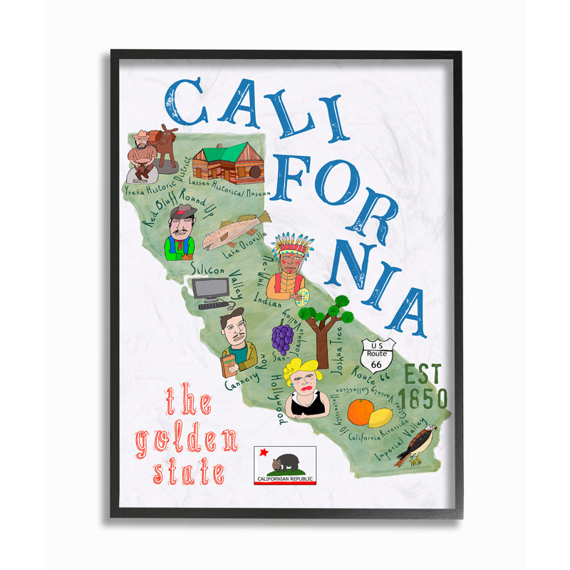 Décoration murale pour enfants Elleen California The Golden State, H 14 po x l 11 po, Giclée encadrée noir minuit