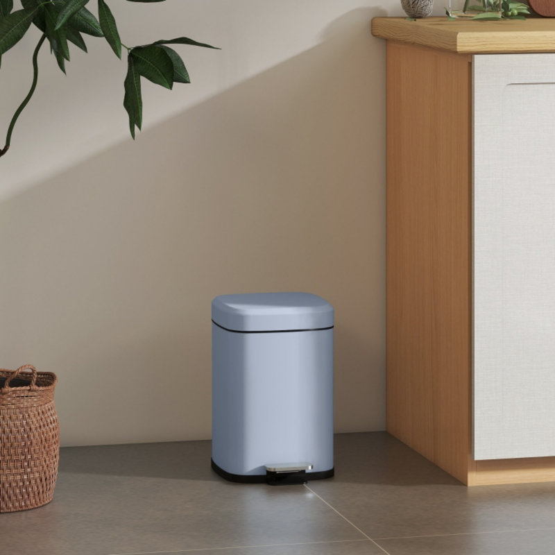 Light Blue 12L Boxy Metal Pedal Bin, Soft-Close Lid with Stay-Open Feature, Fingerprint-Proof Finish and Removable Inner Bucket for Small Kitchen Spaces