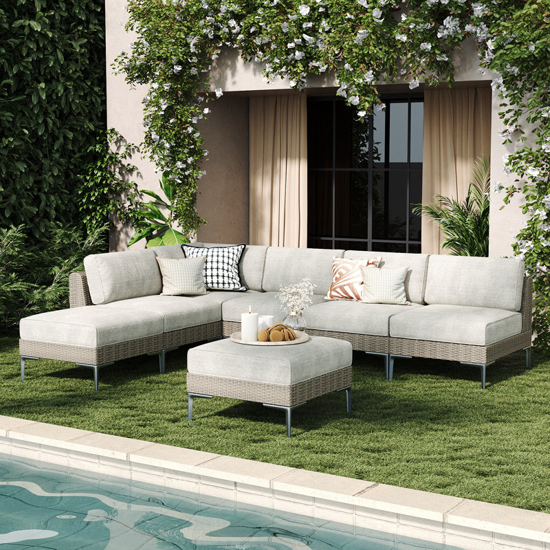  7-piece Wicker Rattan Patio Furniture Set, Deep Seating Outdoor Modular Sectional Sofa Conversation Set With Thick Cushions For Lawn, Garden