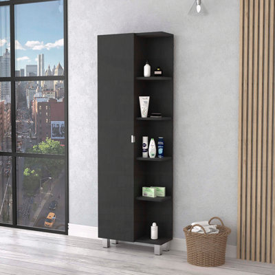 Urano Mirror Linen Cabinet – Four Interior and Five External Shelves – Black