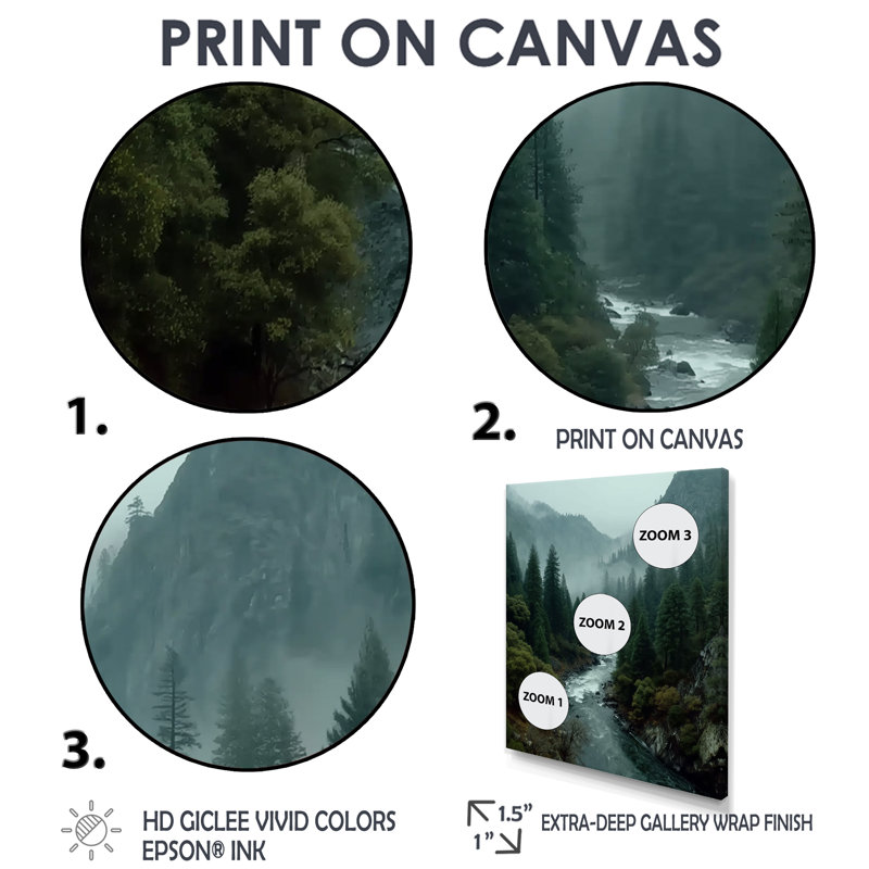 «Morning Mist In The Vancouver Mountains - Forest River Mountains», impressions sur toile, paysage vert, H 40 po x l 30 po