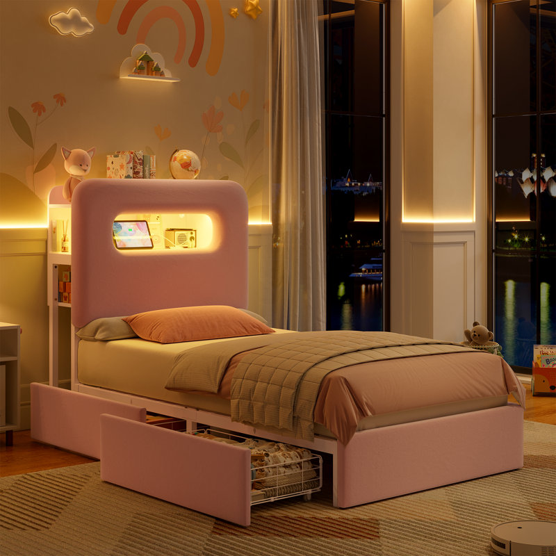 Structure de lit tapissier, lit de rangement avec DEL et station de charge, Simple, Rose