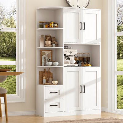 71" Farmhouse Kitchen Pantry Storage Cabinet with Doors & 4-Tier External Shelf, Tall Buffet Sideboard with Microwave Stand, Coffee Bar for Dining Roo by Winston Porter