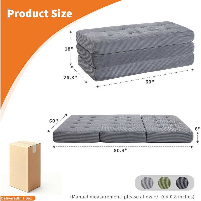 Matelas à 6 plis de 6 pouces, canapé-lit à plancher pliable avec mousse de soutien à haute densité et conception capitonnée