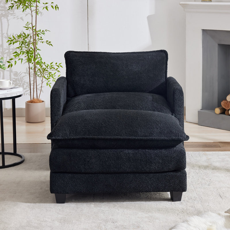 Fauteuil d'appoint rembourré avec repose-pieds Redenius Boucle, Mélange de polyester noir