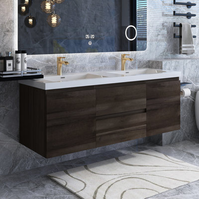 Meuble-lavabo mural double 60 po avec plateau en marbre Adaleen