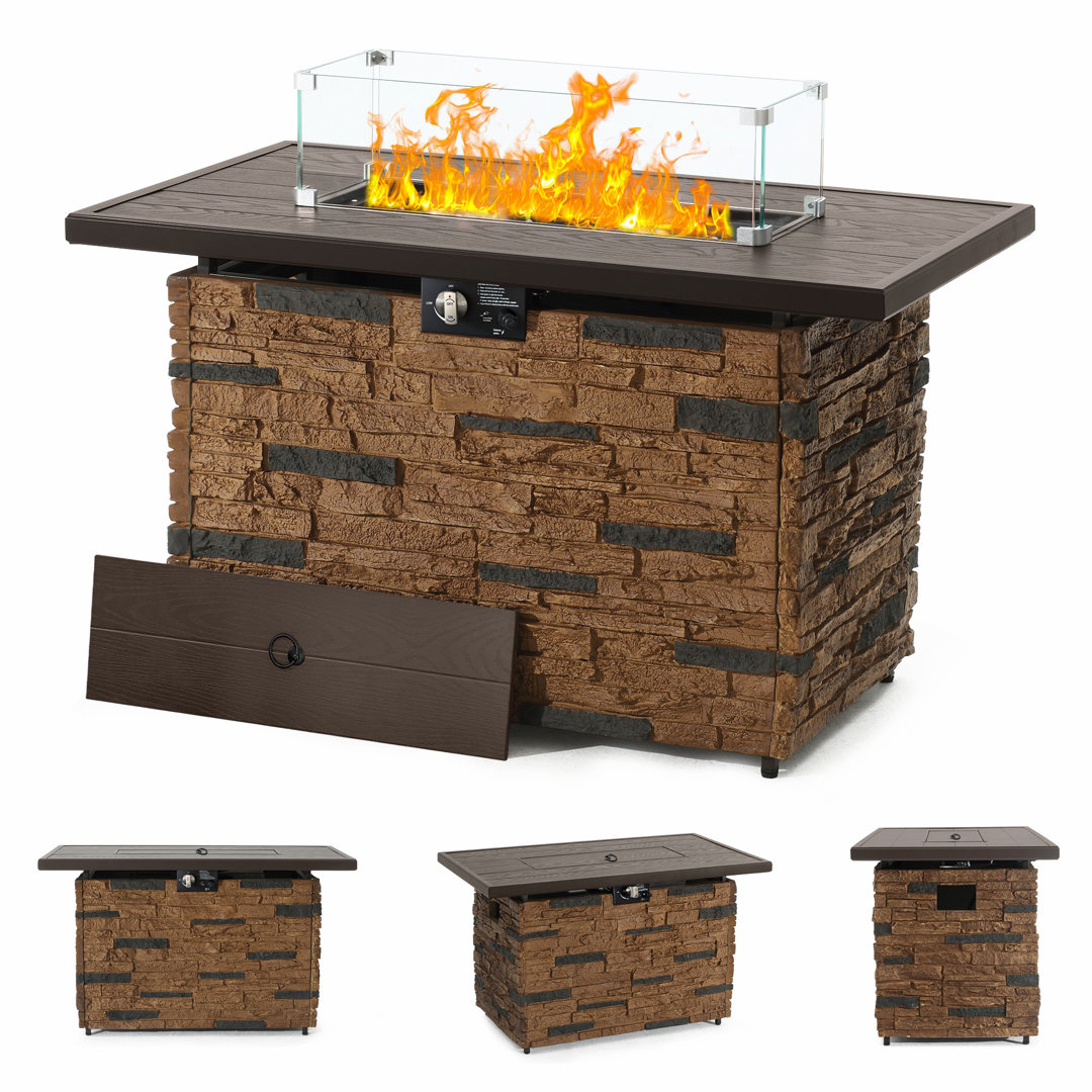 43 Inch Propane Gas Fire Pit Table, Outdoor 5,000 BTU Rectangular Fire Pit With Glass Wind Guard, Glass Rocks and Lid Loon Peak® 