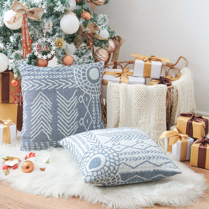  Housse de coussin géométrique en coton, Bleu
