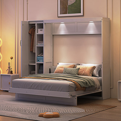 Grand lit escamotable, lit escamotable avec tablettes et garde-robe