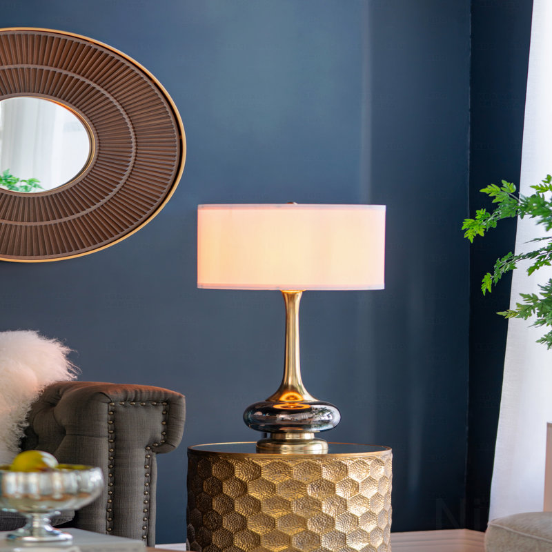 29" Modern Table Lamp –  Gold Aluminum Base (White Fabric Drum Shade)
