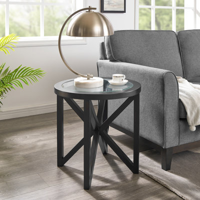 table basse simple en verre, table basse en verre trempé, base en bois massif, plateau rond en verre transparent