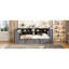 Lit double en bois gris avec tablettes de rangement, tiroirs, charge intégrée, éclairage à DEL et une tête de lit avec plateforme de rangement, station de charge et bureau rembourré