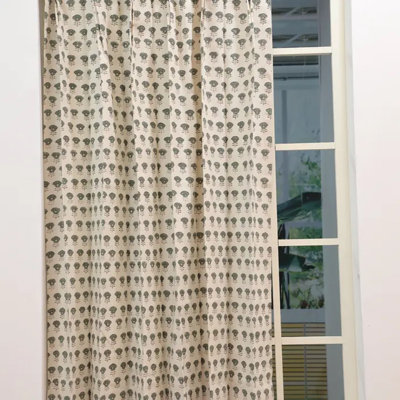 Grey Floral Handmade Block Printed Duck Canvas Unlined Pinch Pleat Curtain Panel for Living Room and Bedroom, Boho Farmhouse Cotton Curtains & Drapes