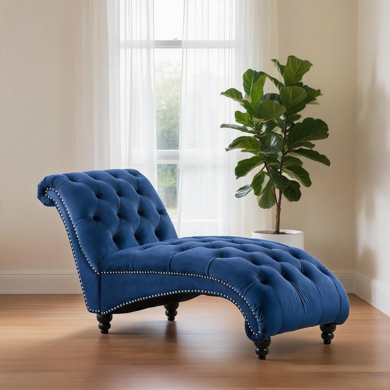 Chaise longue luxueuse sans accoudoirs capitonnée, siège d'appoint en tissu bleu riche pour les espaces de vie à la maison