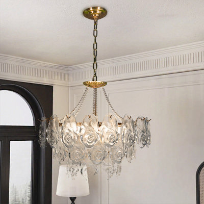 Rose Glass Chandelier With Copper Finish, 9-light Design, Includes Tri-color Bulbs, 24" Diameter