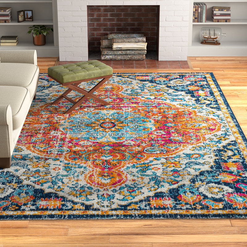 Tapis oriental safran / bleu marine / rose Hibner, Rectangle 9 pi x 12 pi 3 po