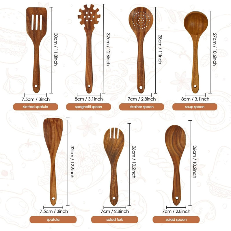 Teak Wooden Kitchen Utensil Set with Spatula and Ladle, Wooden Spoons for Cooking, 7 Pcs