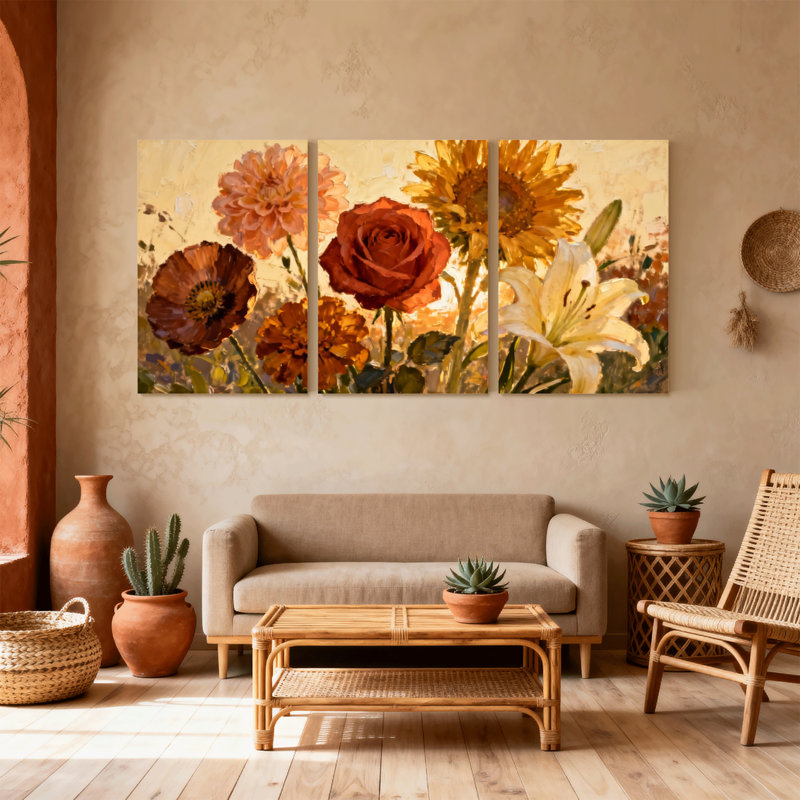 Plantes et fleurs, ensemble de 3 impressions murales sur toile aux tons chauds et fond doux, H 36 po x l 72 po