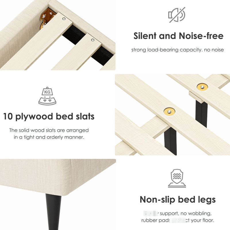 Structure de lit double avec tête de lit en lin - sans bruit, sommier tapissier, beige, silencieux, pratique et sous rangement