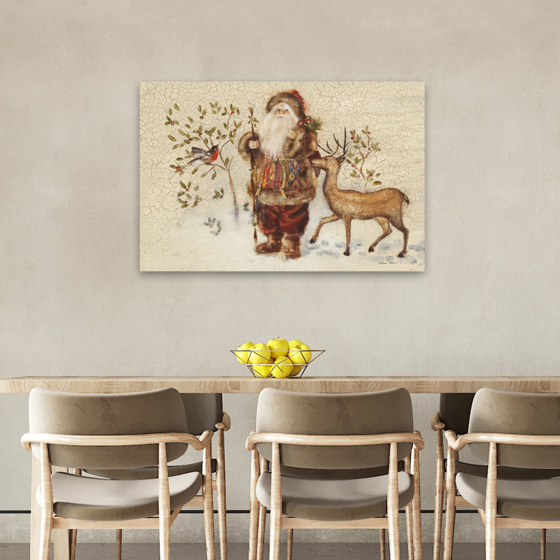 Père Noël avec un cerf - animaux, oiseaux beiges, art brun, H 24 po x l 36 po