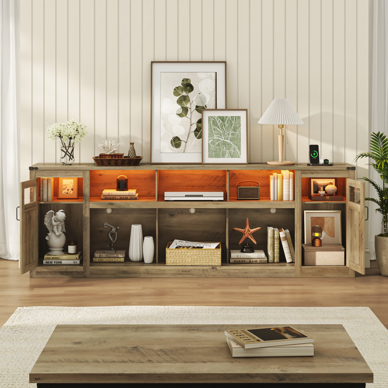 95" Farmhouse Tv Stand For Tvs Up To 100 Inch With Power Outlets, Large Media Console With Led Lights For Living Room, Gray