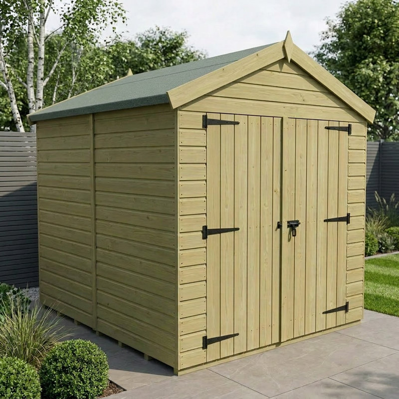 Total Sheds 8ft x 8ft Apex Garden Shed - Double Door - No Windows - Pressure Treated Timber - UK Manufactured