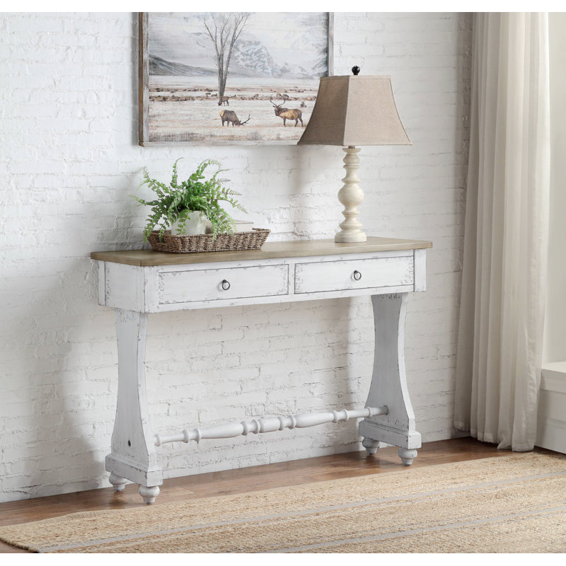 Antique White Wood and Metal Console Table with Storage