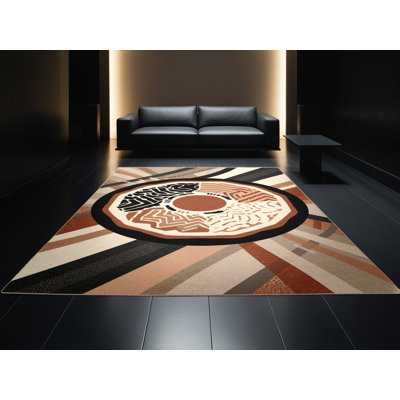 Tapis moelleux moelleux à motif de blocs d'inspiration mondiale Buschwick Okonomiyaki - reliure beige