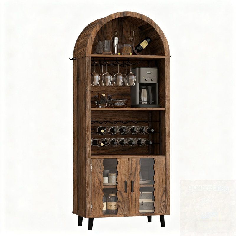 Arched Bar Cabinet with double doors, wine rack and Wine Glass Holder, Brown