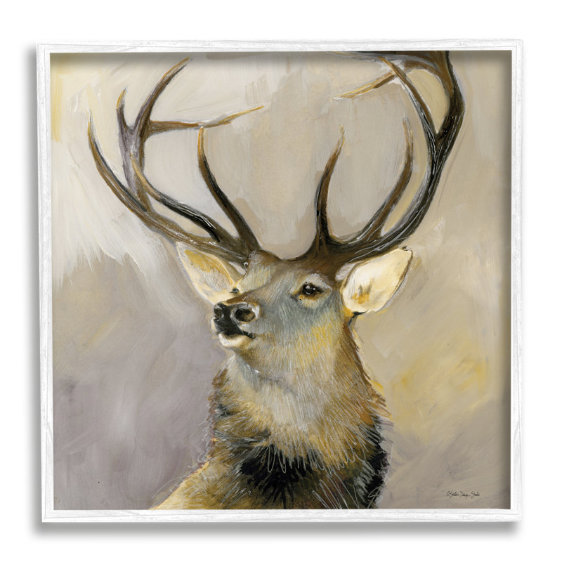 Portrait de faune de wapiti - peinture, H 24 po x l 24 po x P 1,5 po, Giclée encadrée blanc bord de mer