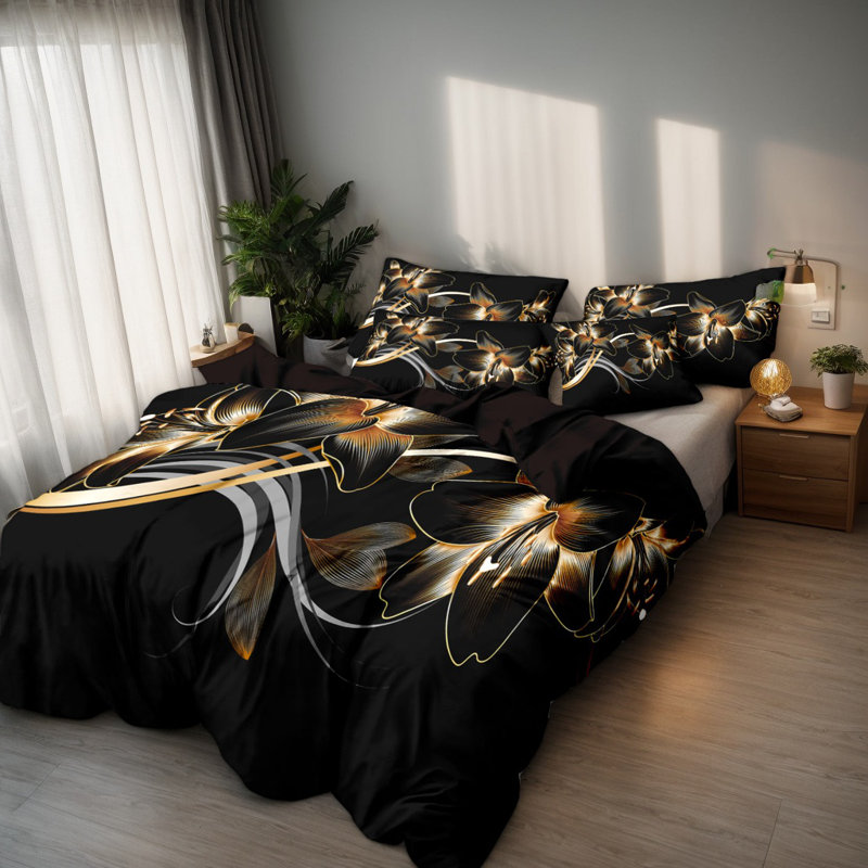 Gold Floral Microfiber Duvet Cover Set with Pillowcases, Digital Print Black Background Botanical Front with Solid Black Back, Reversible Bedding, Twin Full Queen King, Comforter and Pillow Inserts Not Included
