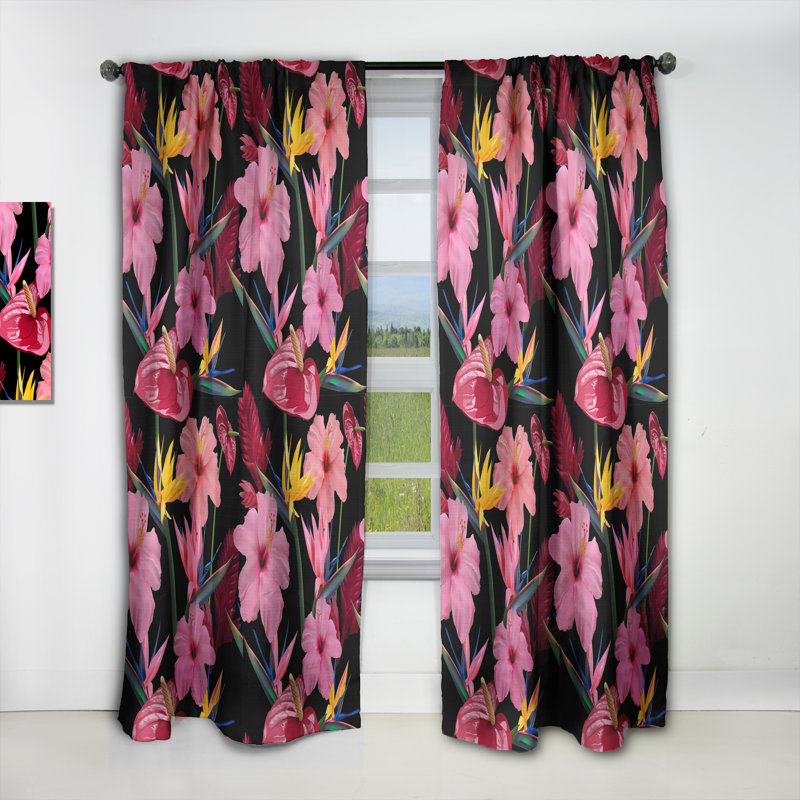 Tropical Curtain Panel, Pink Floral Blackout Decor - Pattern of Tropical Pink Flowers, 52" W x 108" L