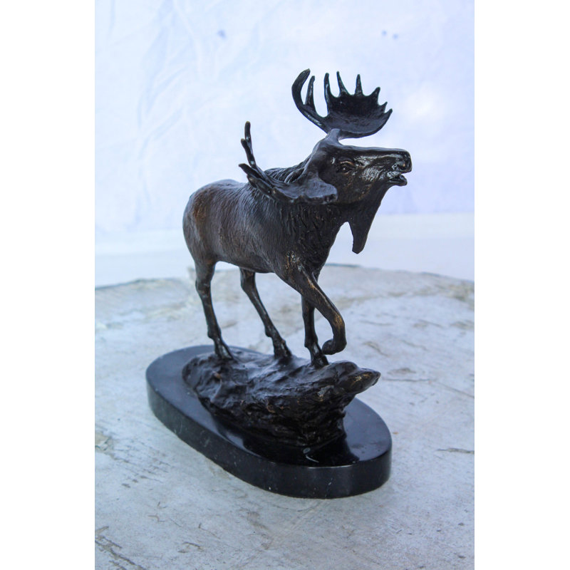 Bronze Moose Statue on Marble Base with Antlers Raised 10" x 6" x 9"H
