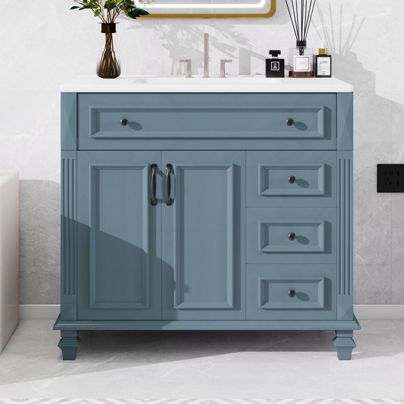 Meuble-lavabo de 36 pouces avec lavabo, meuble-lavabo avec tiroir rabattable, 3 tiroirs, petit meuble-lavabo de salle de bain