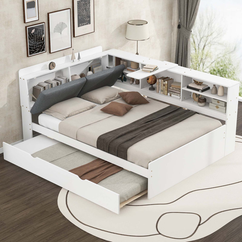 Platform bed with Trundle, White, Full