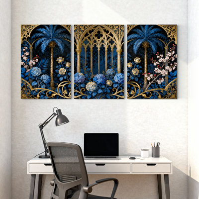 Plantes et fleurs, arche gothique avec ensemble de 3 impressions murales sur toile