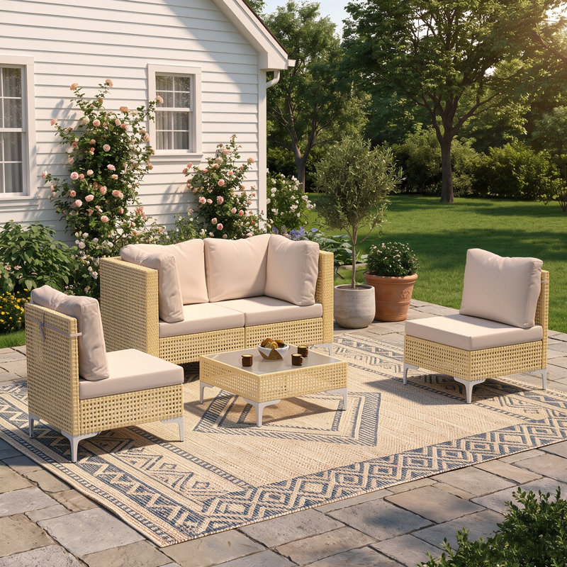 Ensemble de conversation 5 pièces en osier, canapé modulaire d'extérieur Boho avec coussins épais résistants à l'eau et table basse, jaune / beige